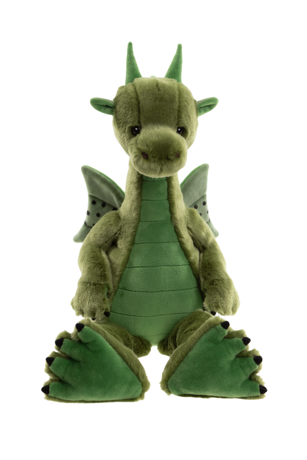 Deck the Dragon by Charlie Bears front view, green collectible plush dragon with expressive face and soft plush texture
