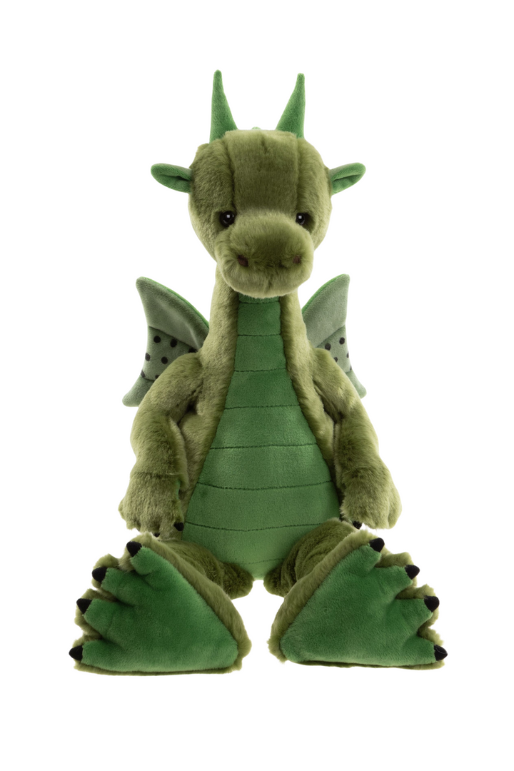 Deck the Dragon by Charlie Bears front view, green collectible plush dragon with expressive face and soft plush texture