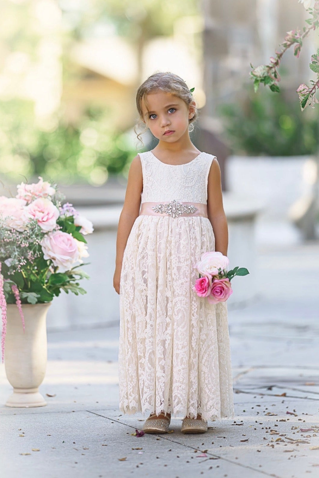 Antique ivory heirloom lace ankle flower girl dress sleeveless front view