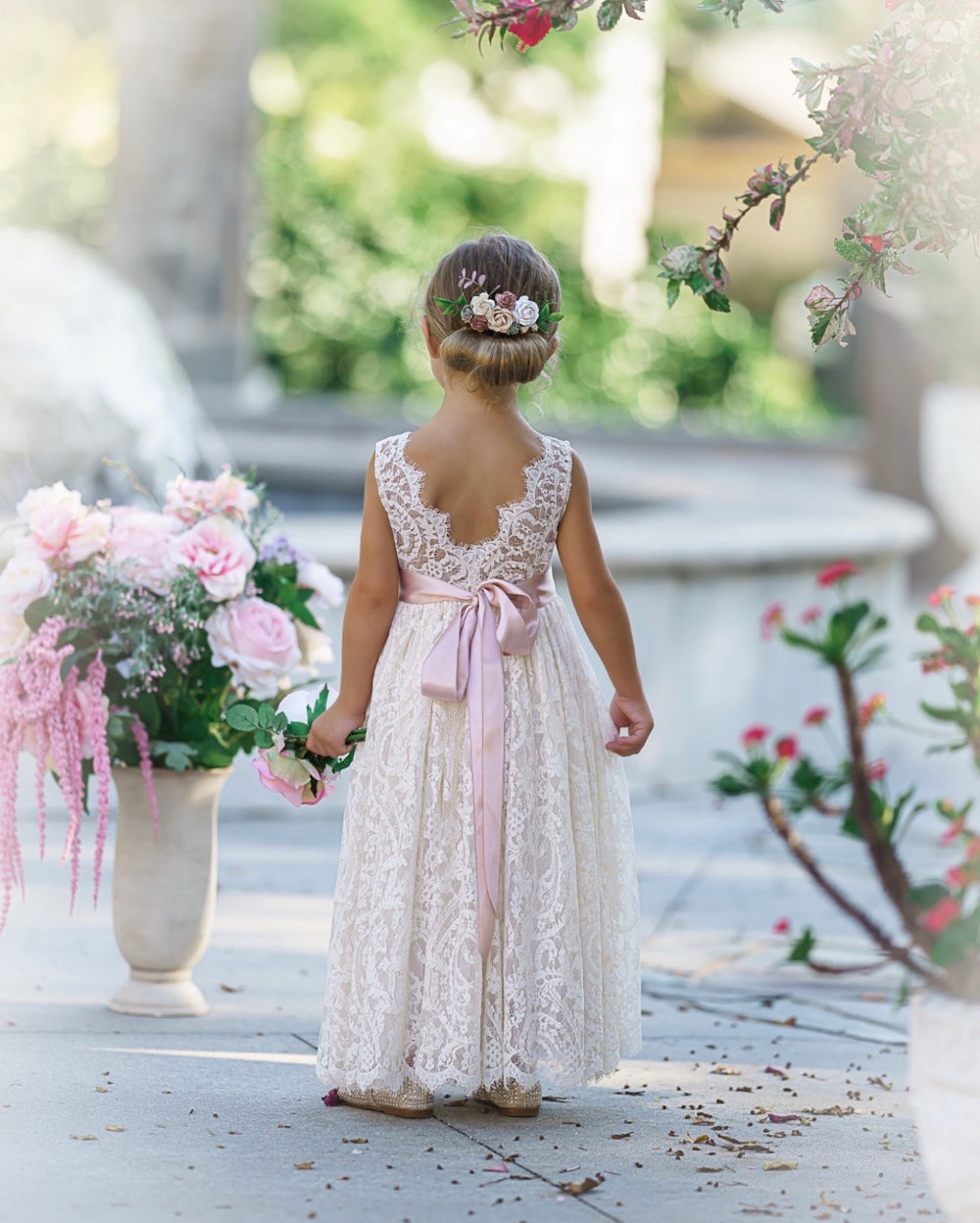 Eloise V-back lace detail on antique ivory ankle length flower girl dress