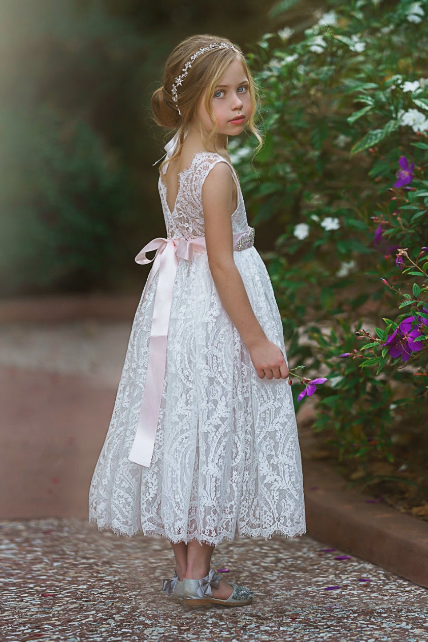 Side view soft white lace flower girl dress V back eyelash lace Eloise