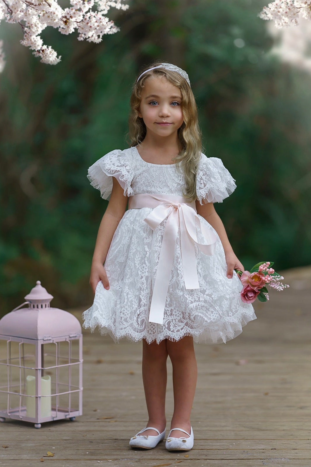 Soft white lace flower girl dress with ruffle sleeves and satin sash, knee-length heirloom wedding dress for girls