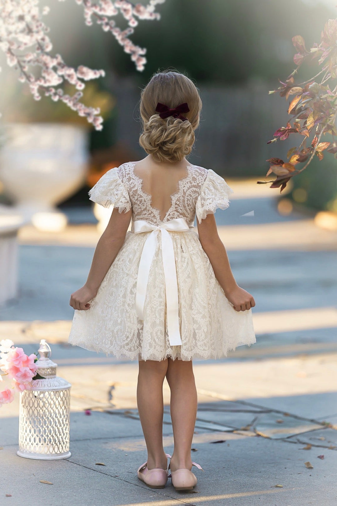 Antique ivory lace flower girl dress with ruffle sleeves and elegant V-back, Elowen dress by Little Kitten by Autumn Moon.