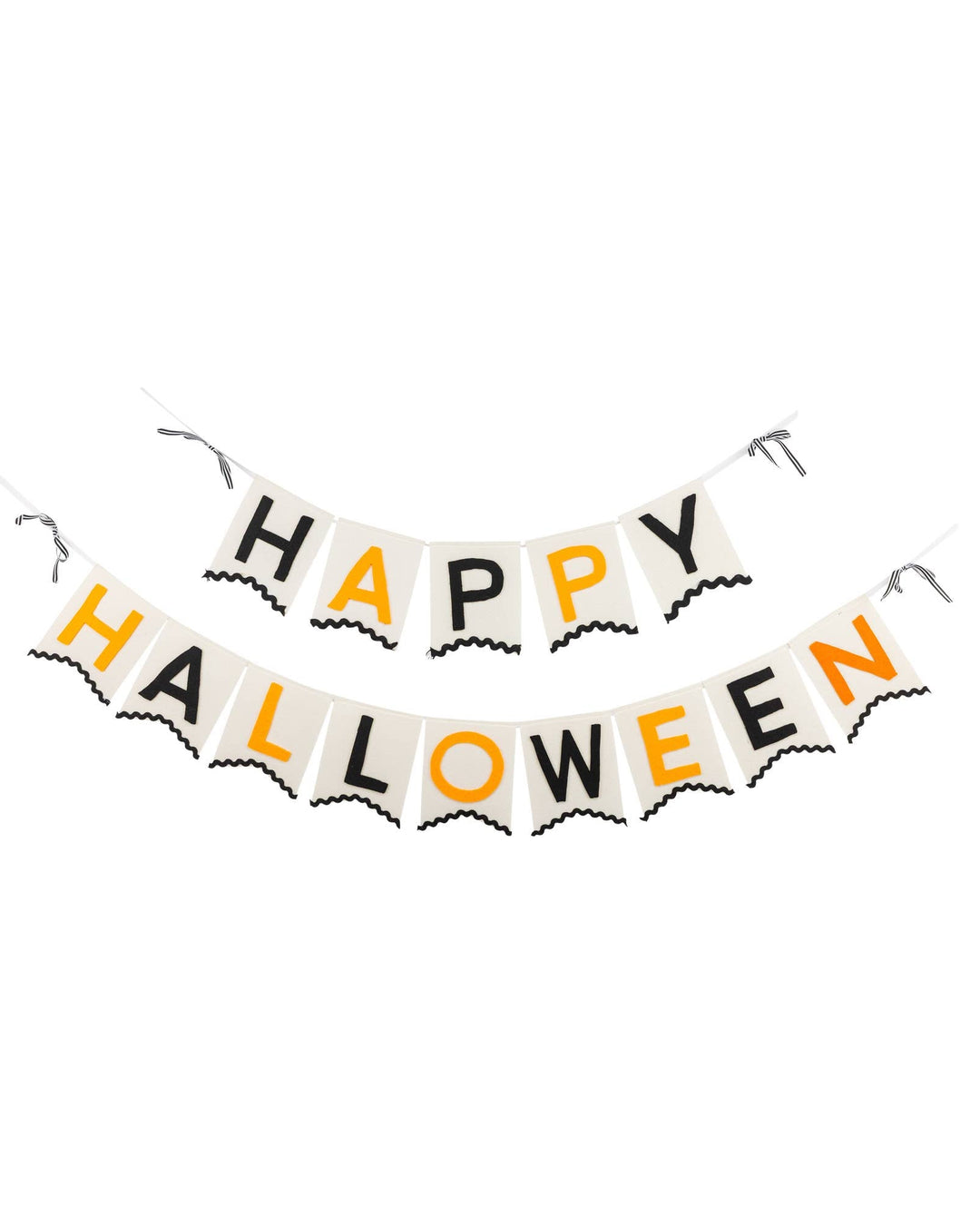 White background: Felt Happy Halloween banner with cream pennants, black and orange lettering, scalloped edges and striped bows.