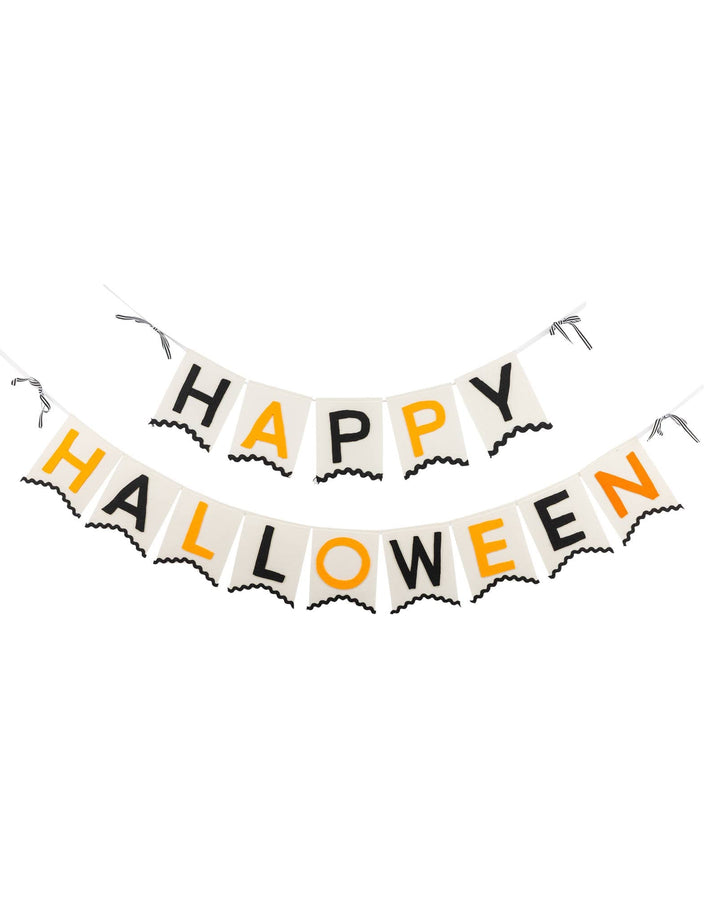 White background: Felt Happy Halloween banner with cream pennants, black and orange lettering, scalloped edges and striped bows.