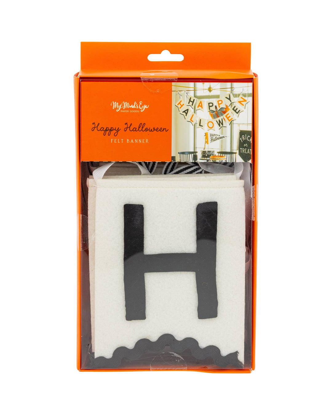 Packaging: Felt Happy Halloween banner in retail packaging showing cream felt pennants with black and orange lettering.