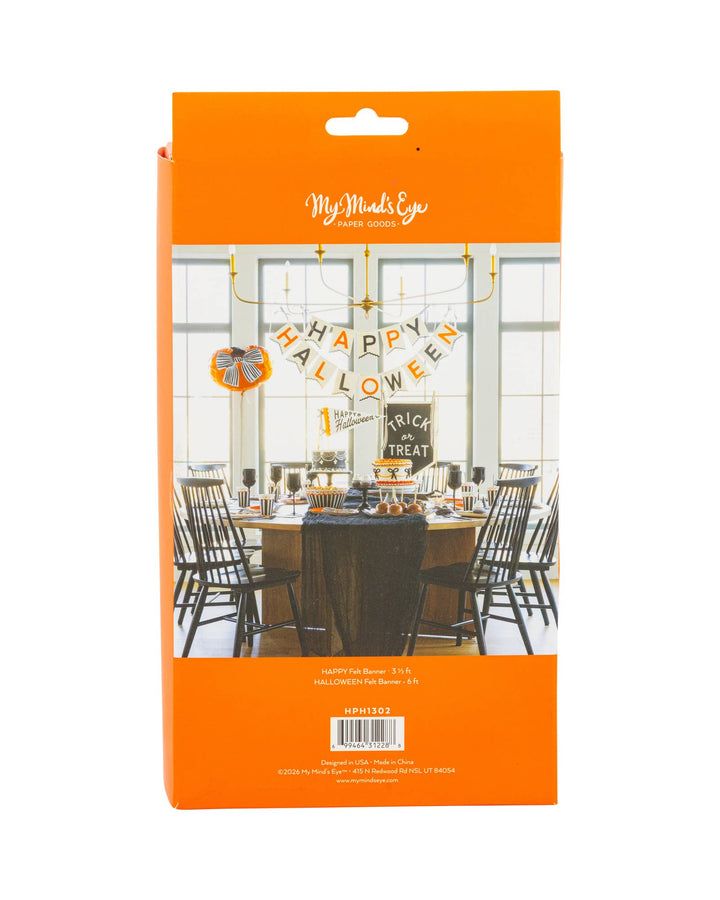Packaging: Felt Happy Halloween banner in retail packaging showing cream felt pennants with black and orange lettering.