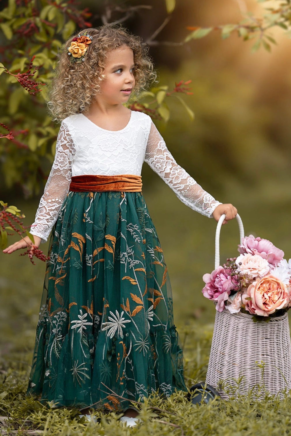 lace and tulle forest green children’s formal dress
