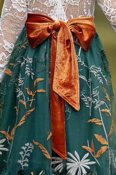 forest green embroidered flower girl dress with lace bodice