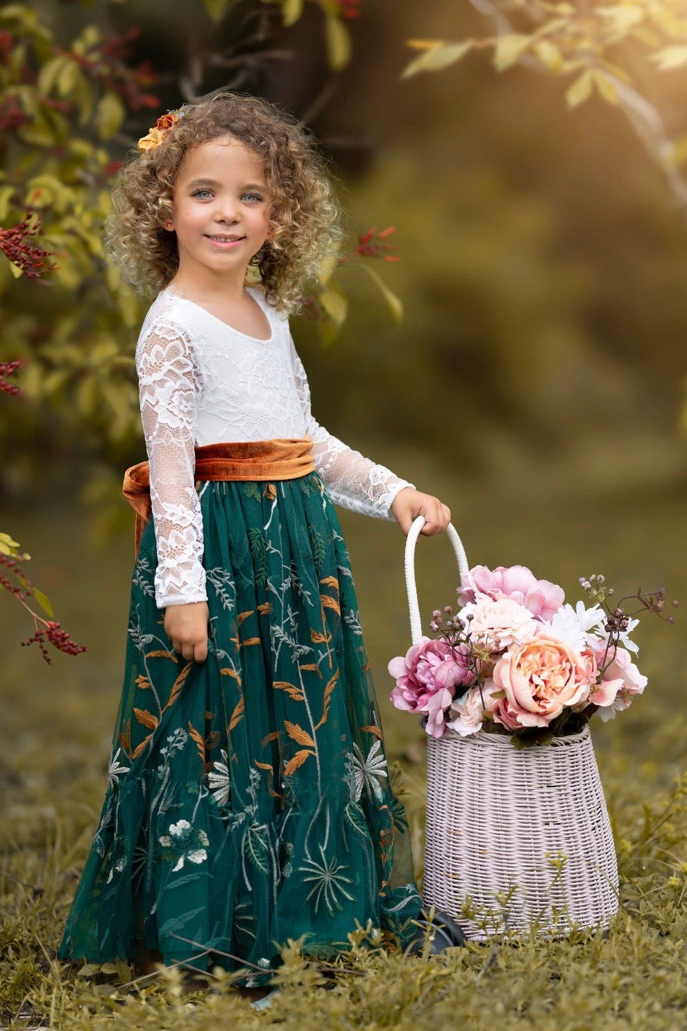 heirloom style flower girl dress forest green skirt
