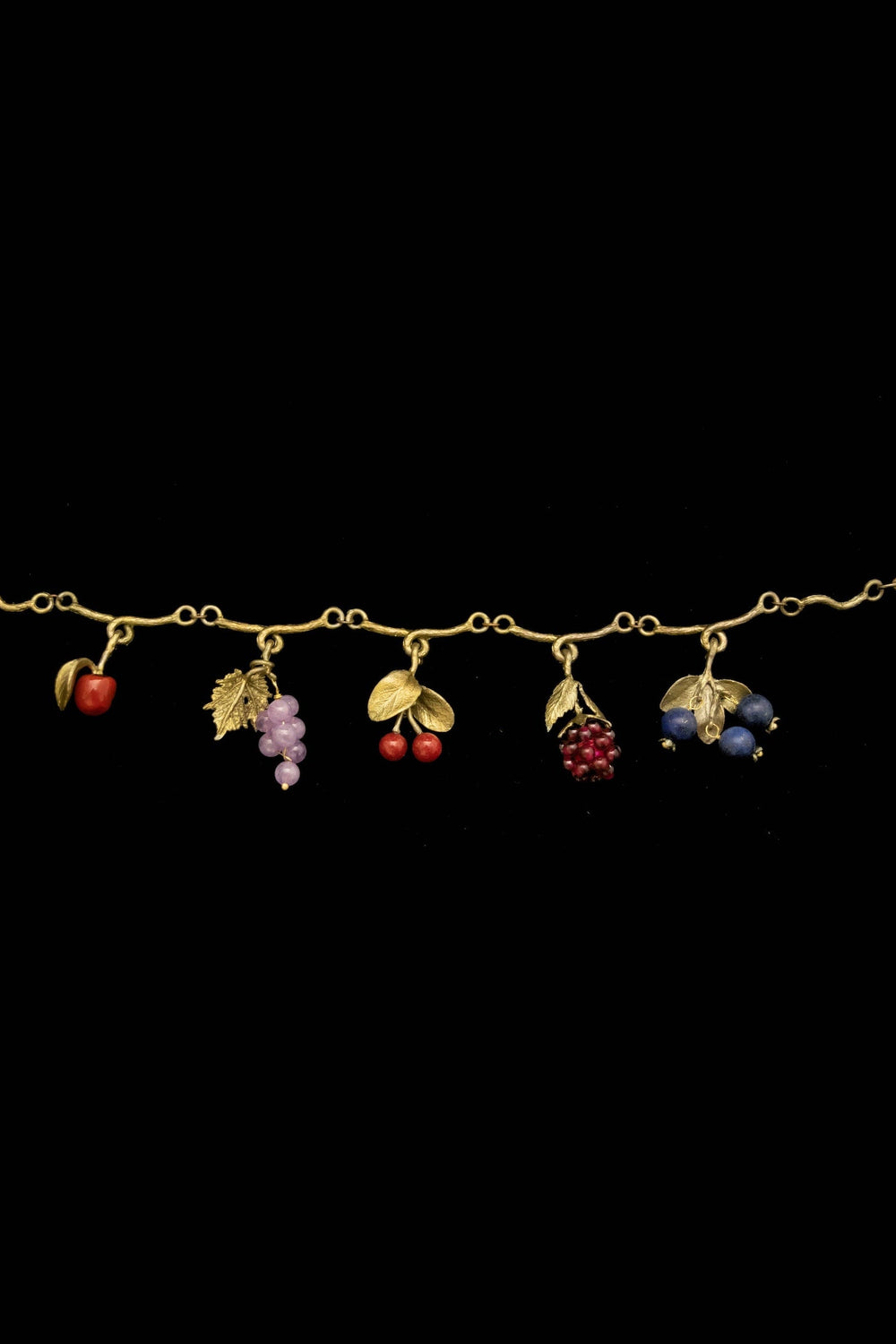 Michael Michaud Fruit Charm Bracelet full view with botanical fruit charms including red glass apple, amethyst grapes, red jade cherries, garnet raspberry, and lapis blueberry