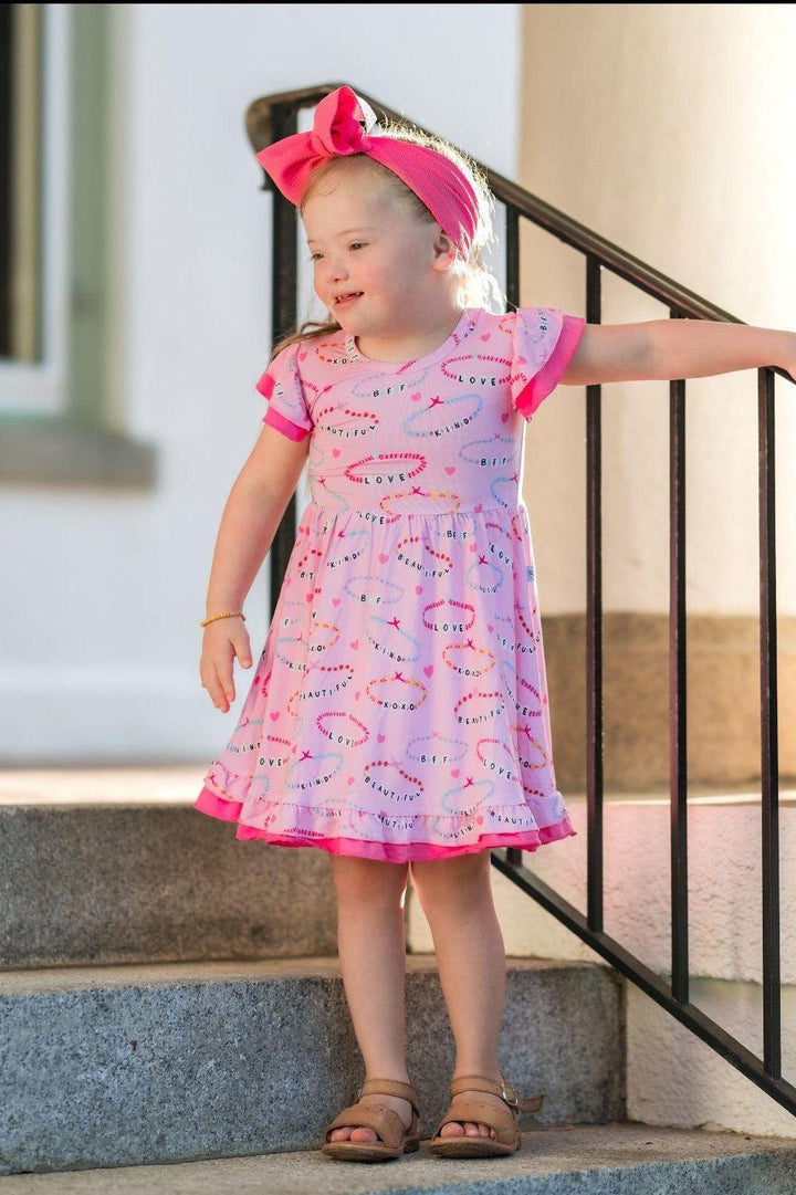 Girls Bamboo Twirl Dress - Pink Friendship Bracelet Print