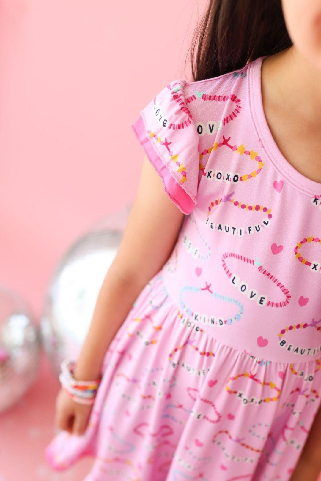 Girls Bamboo Twirl Dress - Pink Friendship Bracelet Print