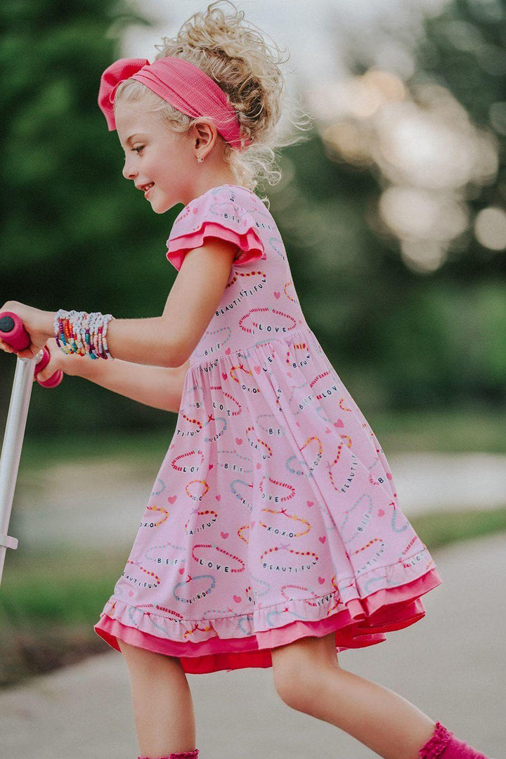 Girls Bamboo Twirl Dress - Pink Friendship Bracelet Print