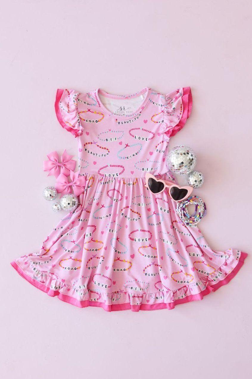 Girls Bamboo Twirl Dress - Pink Friendship Bracelet Print