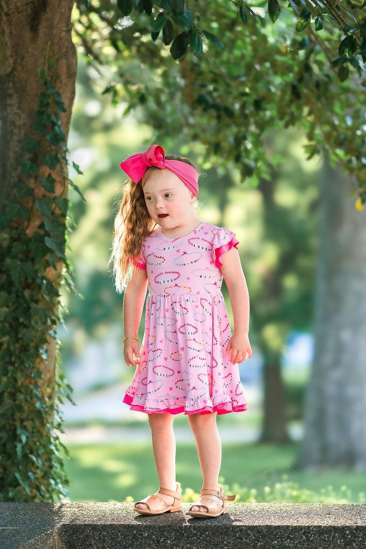 Girls Bamboo Twirl Dress - Pink Friendship Bracelet Print