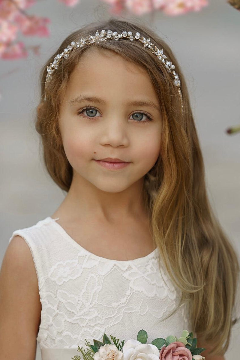 gold crystal flower headband for flower girl wedding hair accessory with delicate crystal floral design