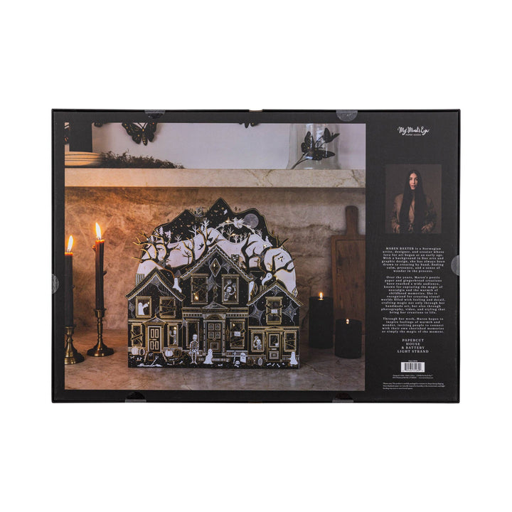 Haunted Paper House with Lights packaging featuring artwork by Maren Baxter for My Mind’s Eye.