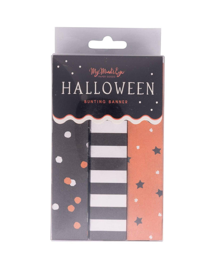 Halloween paper fan bunting banner in retail packaging with black orange and white seasonal patterns
