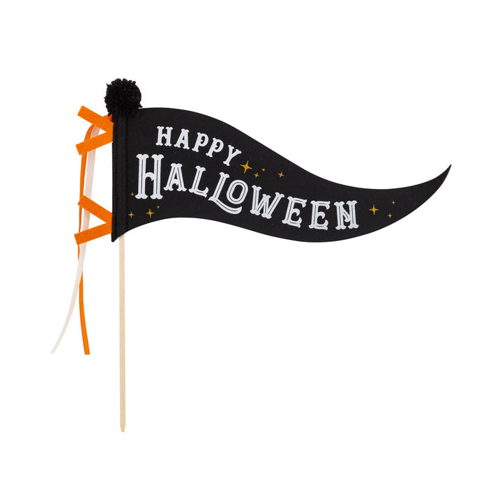 Black Happy Halloween felt pennant with white lettering, gold stars, orange ribbons and wooden dowel on white background