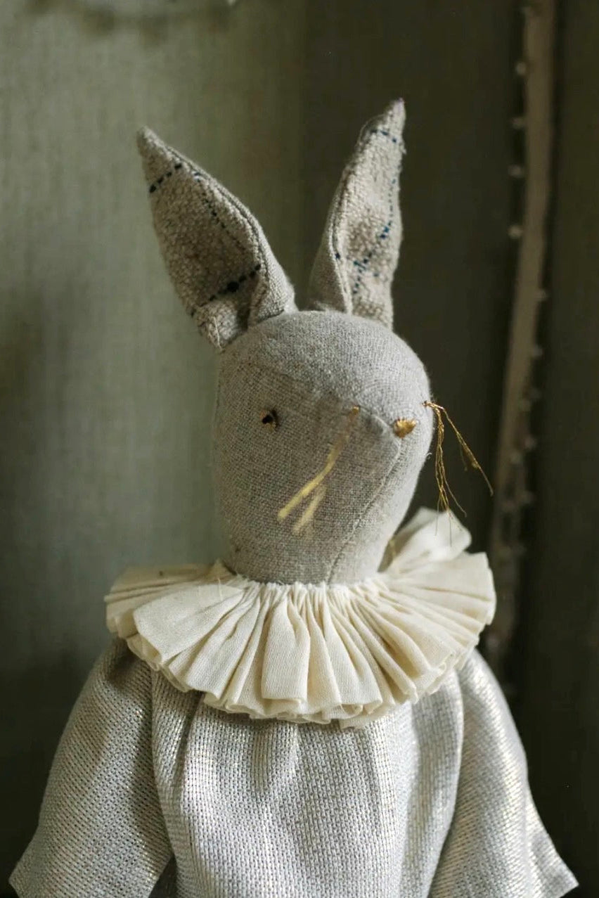 Handmade linen rabbit art doll with pleated ruffle collar and lurex linen jumpsuit