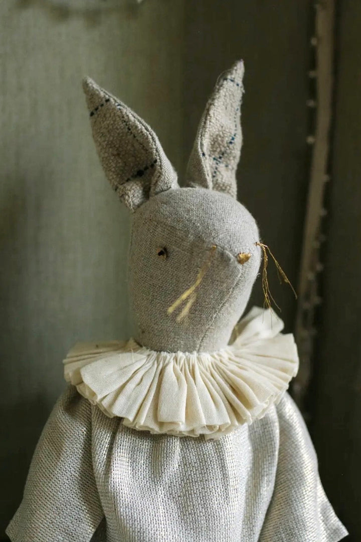 Handmade linen rabbit art doll with pleated ruffle collar and lurex linen jumpsuit