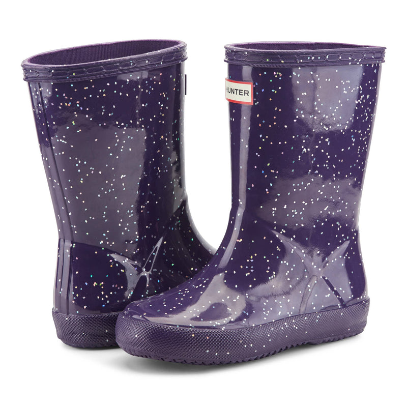 Hunter Boots Little Kids First Giant Glitter dark purple waterproof rain boots pair view