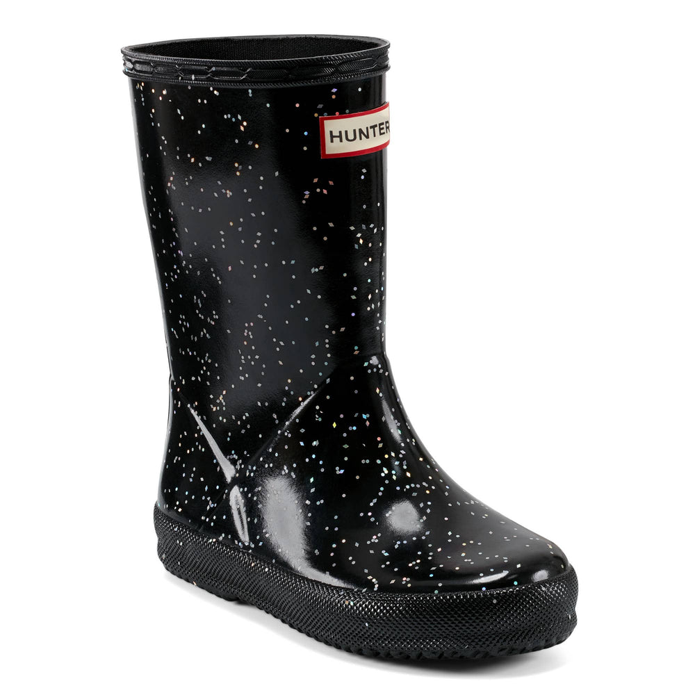 Hunter Kids First Giant Glitter black rain boot side view
