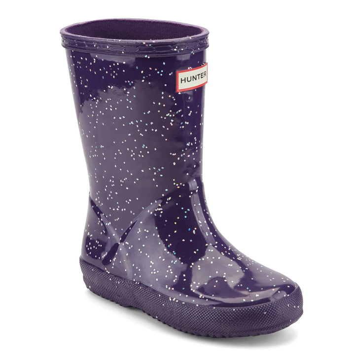 Hunter Boots Kids First Giant Glitter dark purple rain boot side view