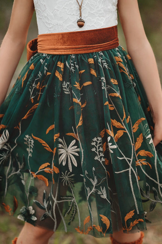 heirloom lace flower girl dress green botanical embroidery