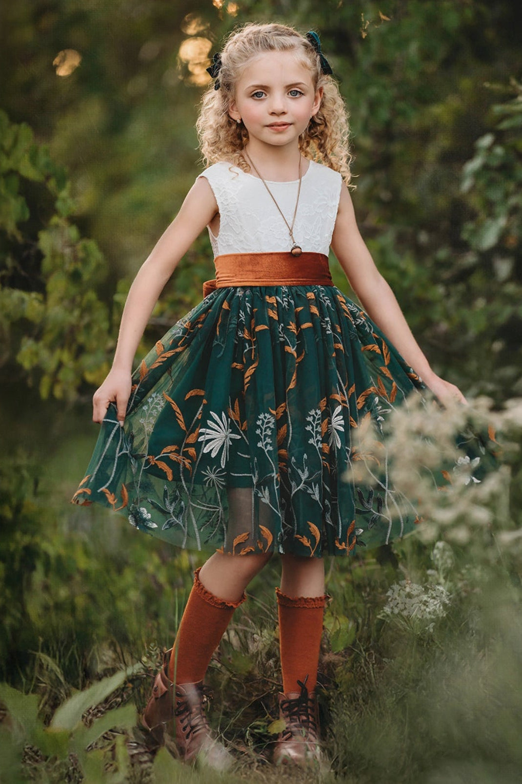 outdoor wedding flower girl dress forest green tone
