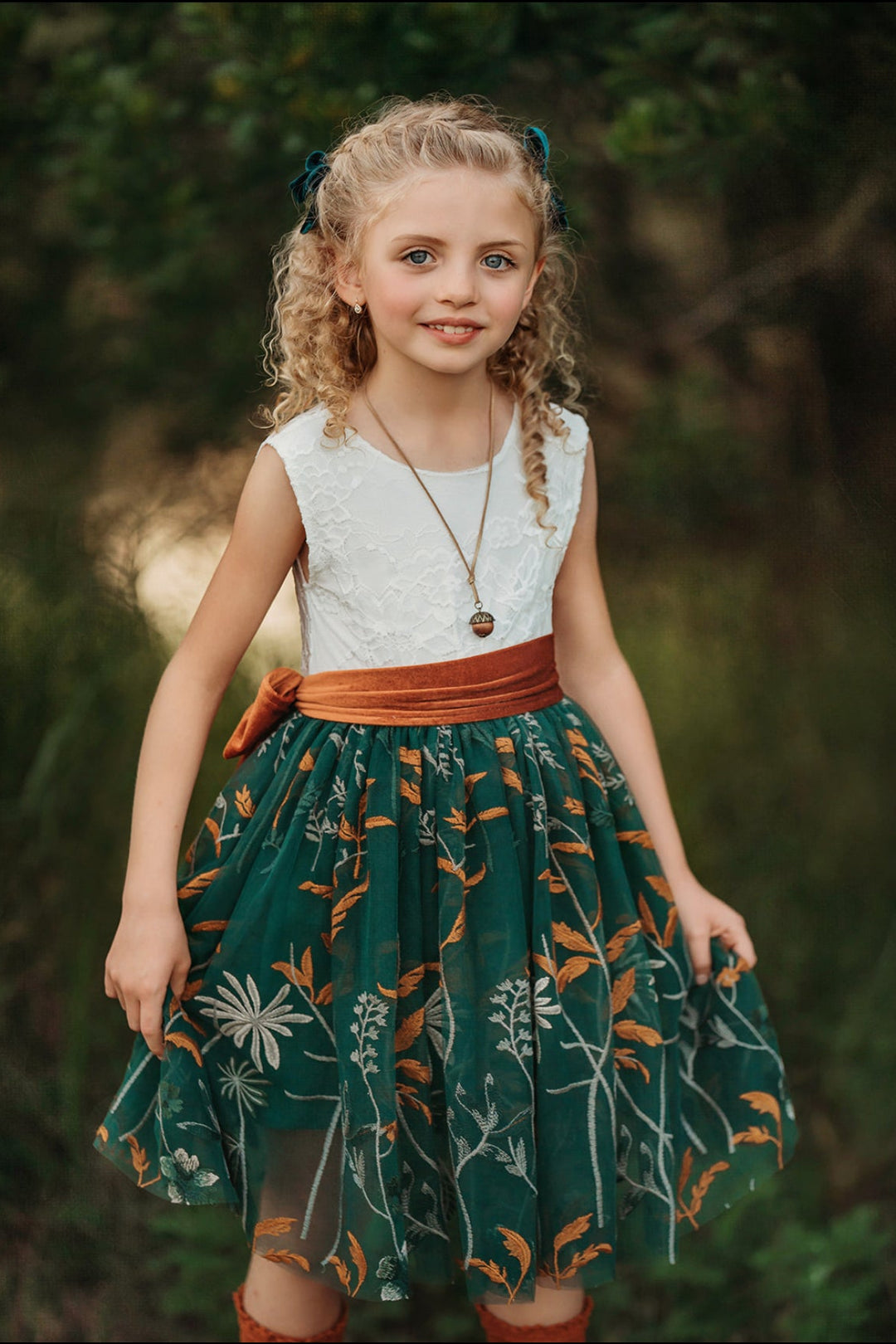 forest green flower girl dress lace bodice embroidered tulle skirting