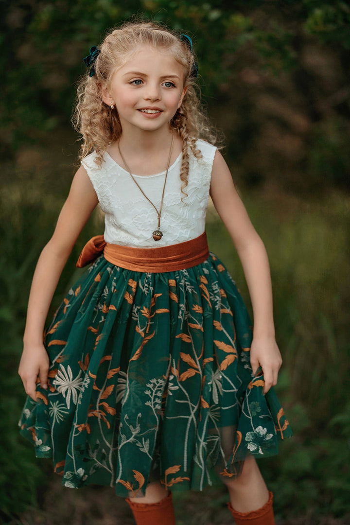 floral embroidered tulle flower girl dress rustic forest wedding palette