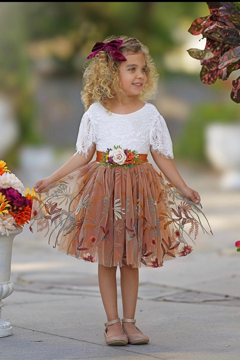 Marigold flower girl dress with white lace bodice, ruffle sleeves, and burnt orange floral embroidered tulle skirt for fall weddings
