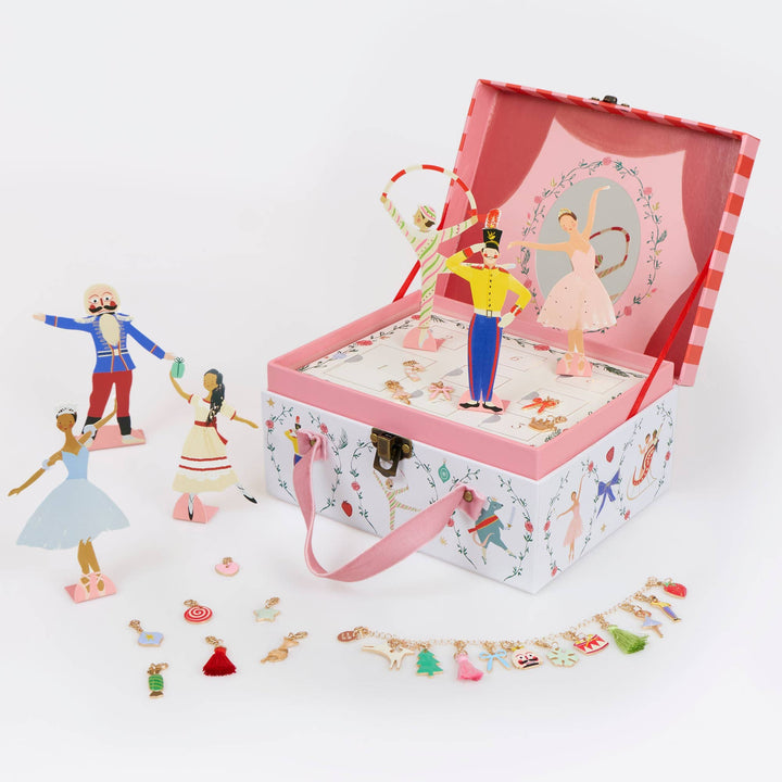 Nutcracker advent calendar bracelet with colorful ballet Christmas charms and tassels