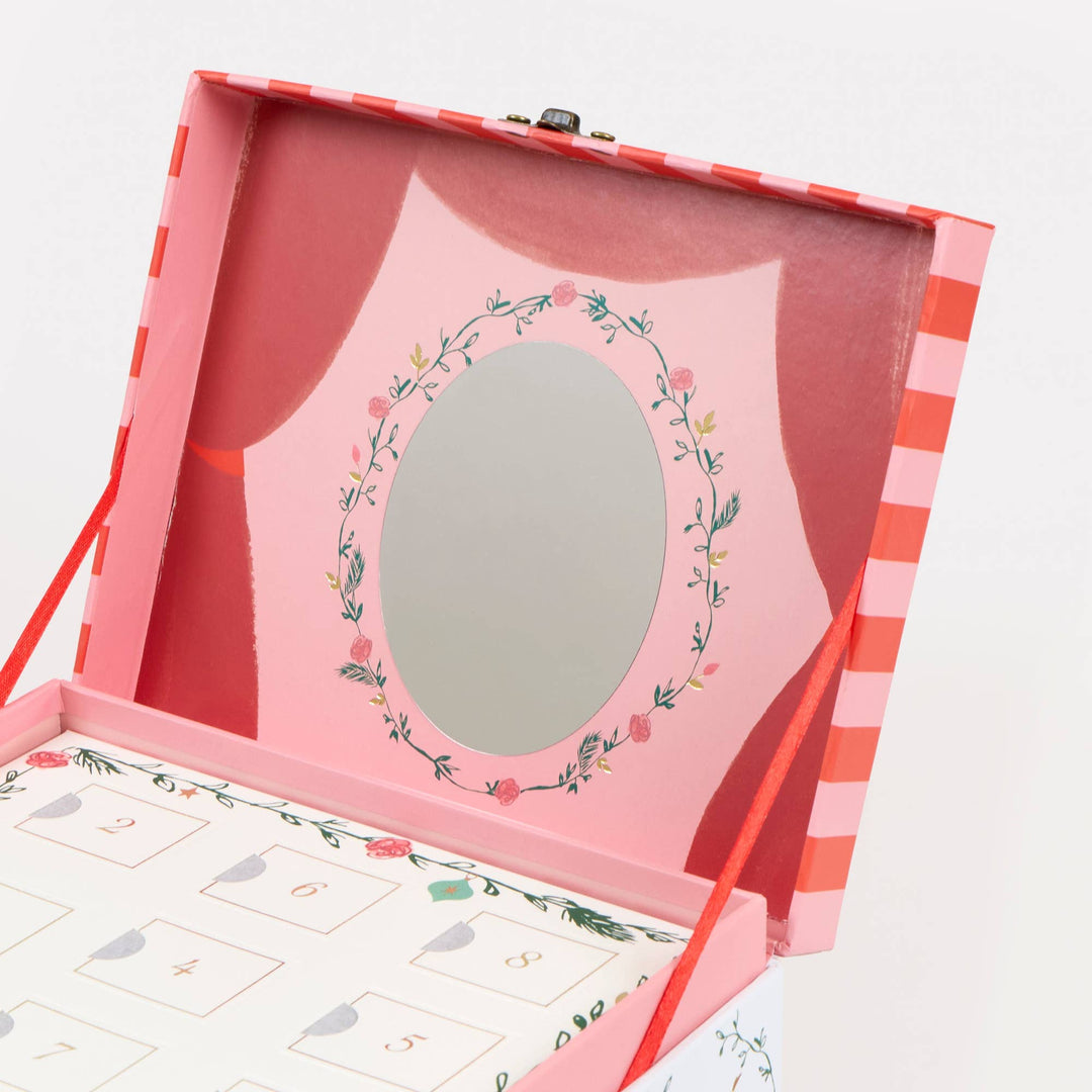 Meri Meri Nutcracker Advent Calendar interior with theatrical mirror and 24 numbered boxes