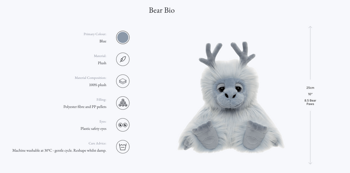 Oomph yeti plush size and details chart: 25 cm (10 in) blue plush, polyester filling, safety eyes, machine washable