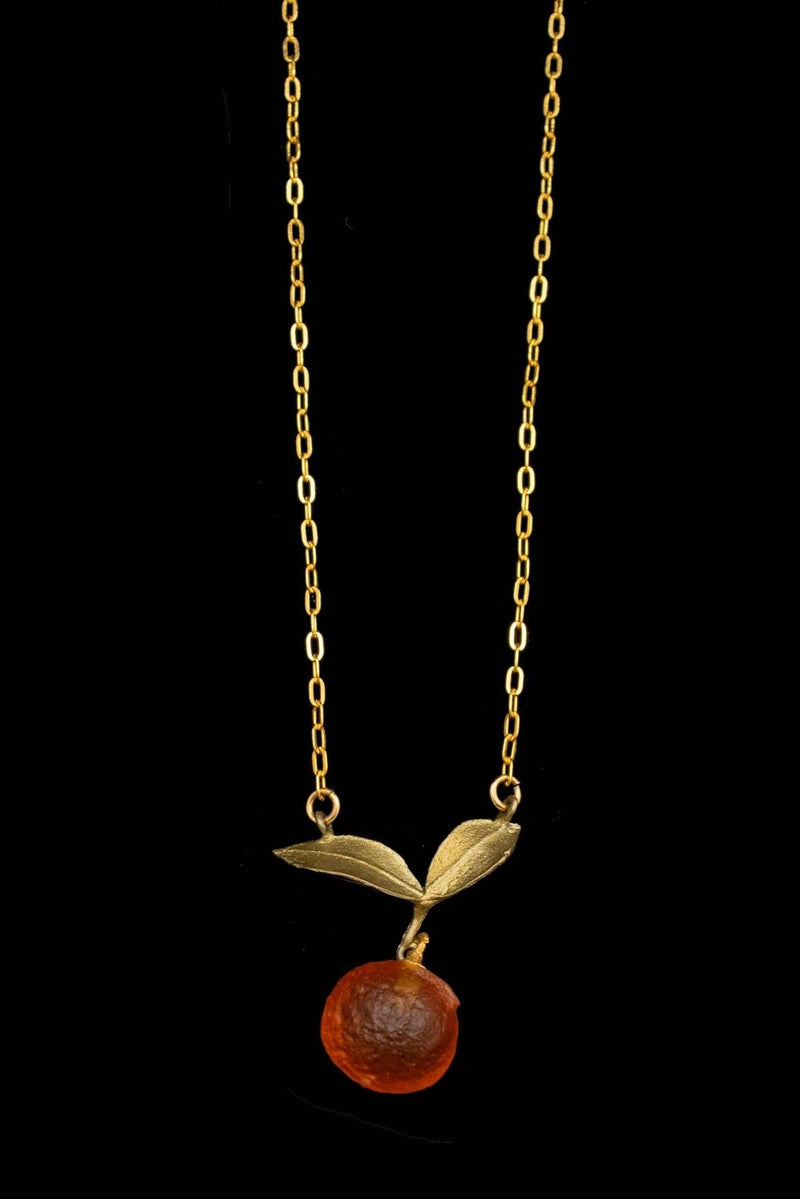 Michael Michaud Orange Pendant Dainty Drop Necklace featuring hand-patinated bronze leaves and a glass orange fruit charm inspired by botanical gardens and orchard traditions.