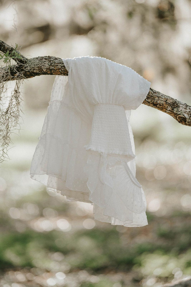 Orange Blossom Orchard Collection girls dress in soft white Swiss dot fabric hanging from an oak tree branch.