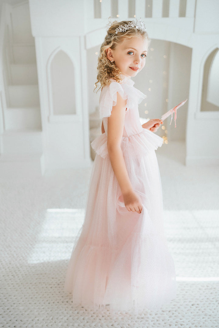 Elegant pink princess costume dress for girls featuring a velvet bodice and glitter tulle skirt. Tiara and wand sold separately.