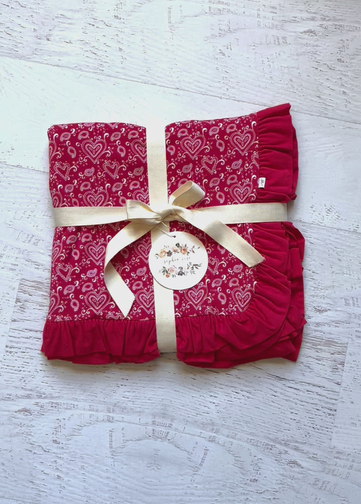 Red Paisley Hearts  Starry Dreams Bamboo Ruffle Blanket