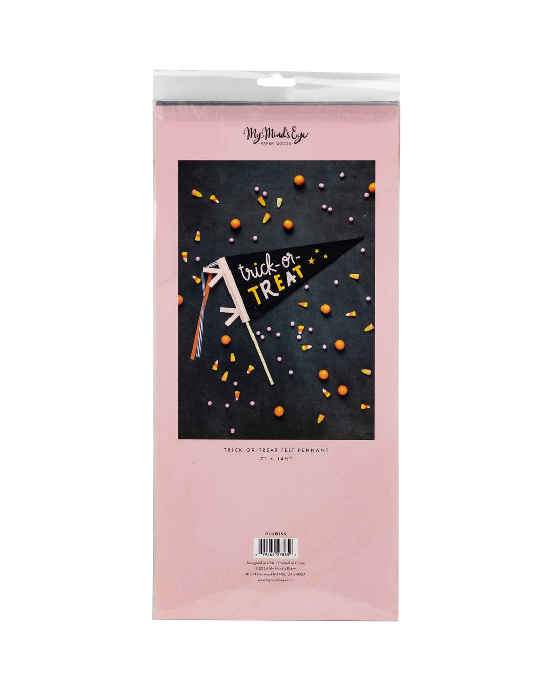 Trick or Treat Halloween felt pennant on wooden dowel styled with colorful ribbons and playful star details.
