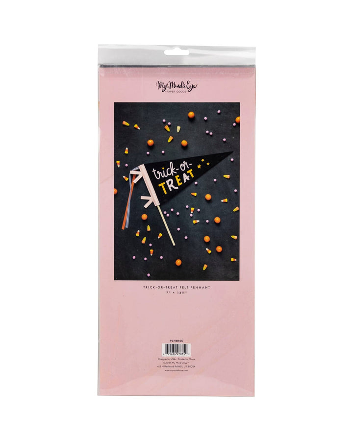 Trick or Treat Halloween felt pennant on wooden dowel styled with colorful ribbons and playful star details.