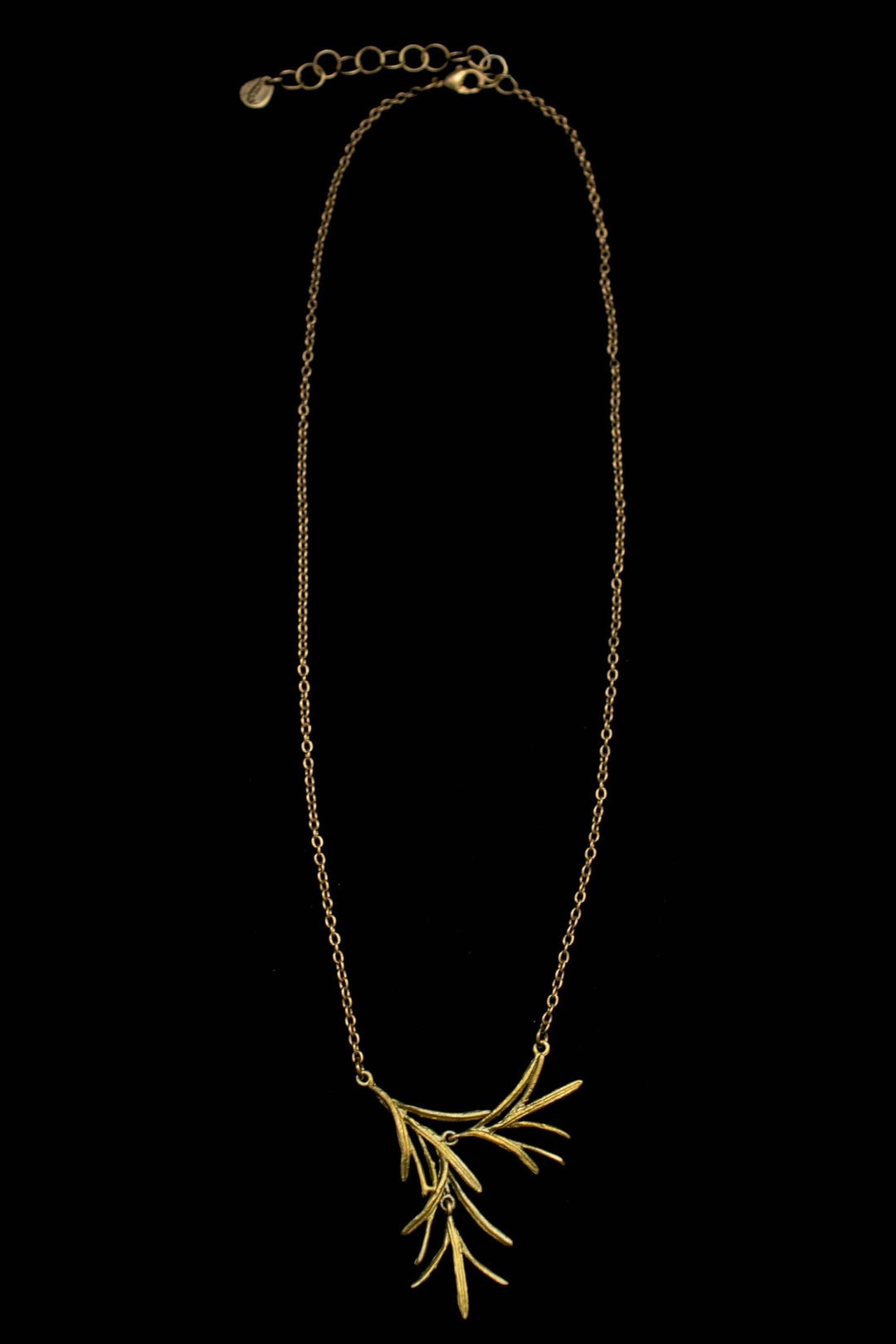 Michael Michaud Rosemary Pendant Necklace full view with adjustable bronze chain and rosemary branch botanical pendant