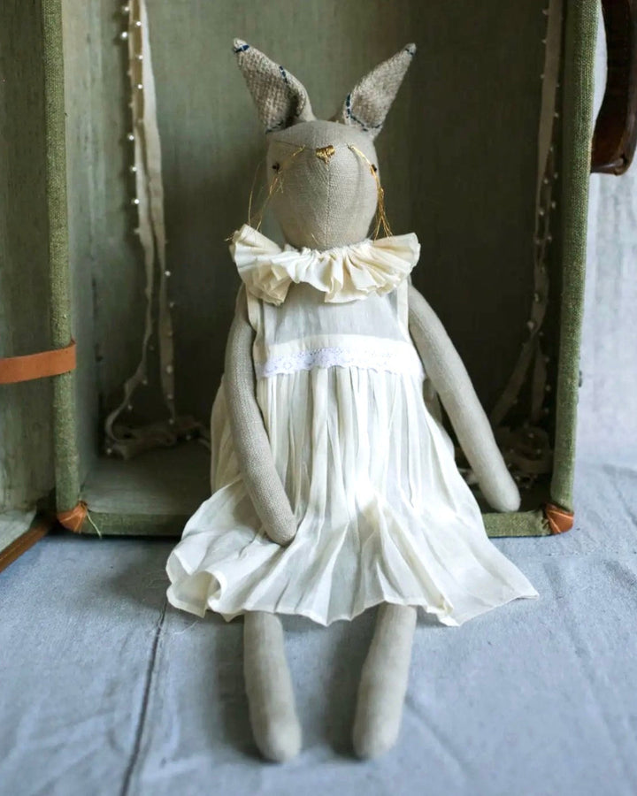 Ruffle Bunny Ragdoll heirloom art doll in a soft cotton dress with pleated ruffle collar