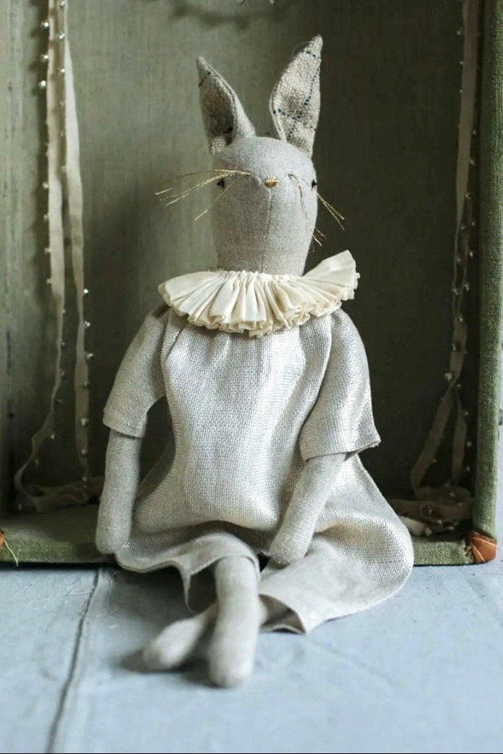 Handcrafted linen bunny ragdoll wearing a lurex linen jumpsuit and pleated ruffle collar