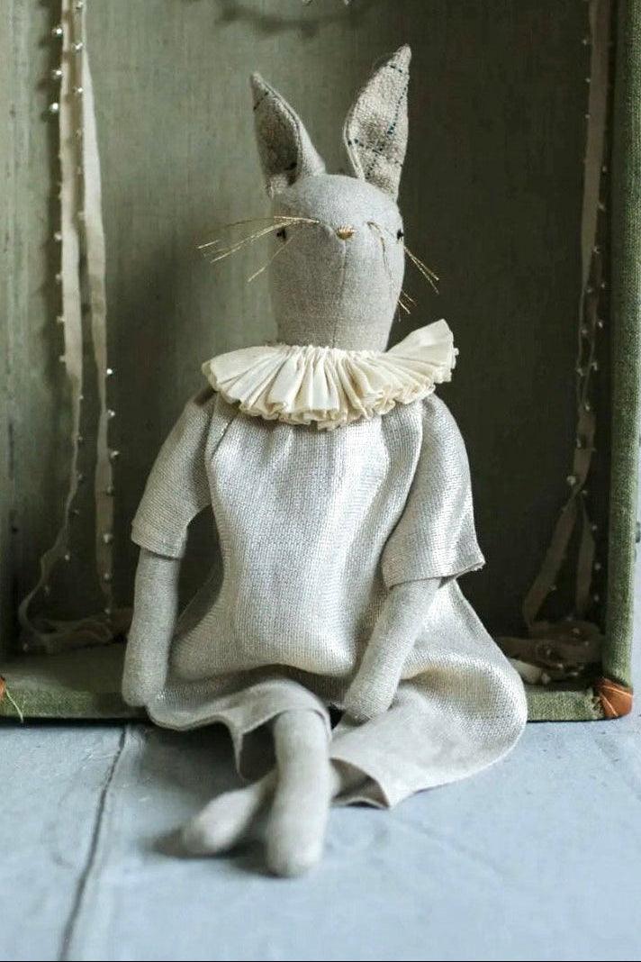 Handcrafted linen bunny ragdoll wearing a lurex linen jumpsuit and pleated ruffle collar