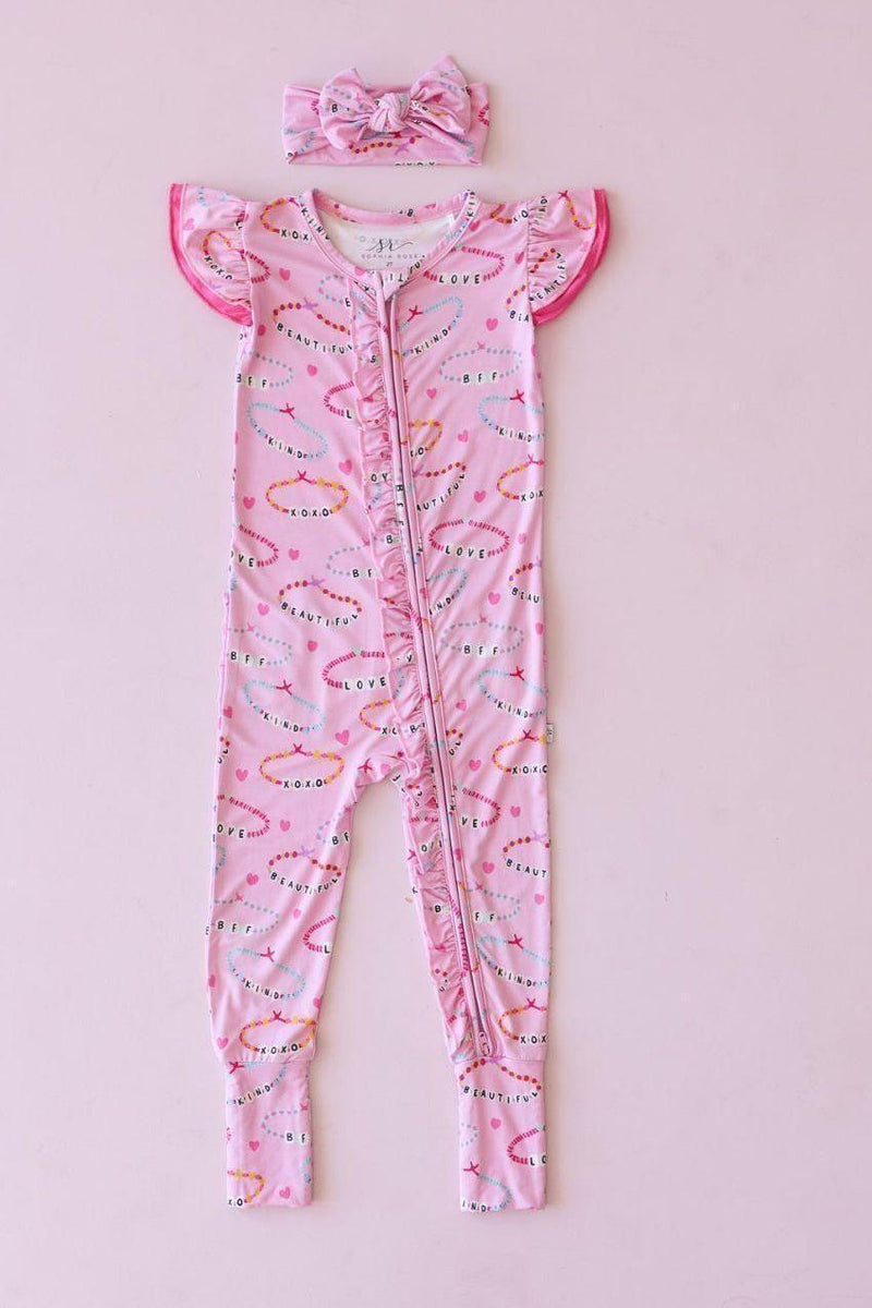 Pink Friendship Bracelets Bamboo Ruffled One-Piece Zipper Pajamas