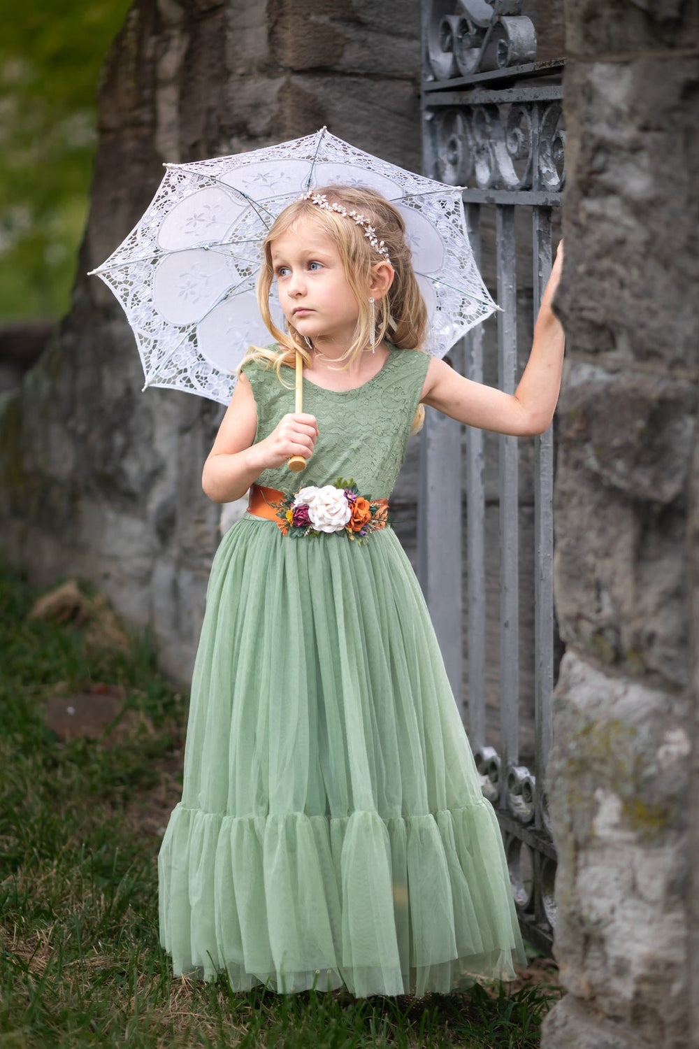 Sage lace flower girl dress styled for garden wedding portraits