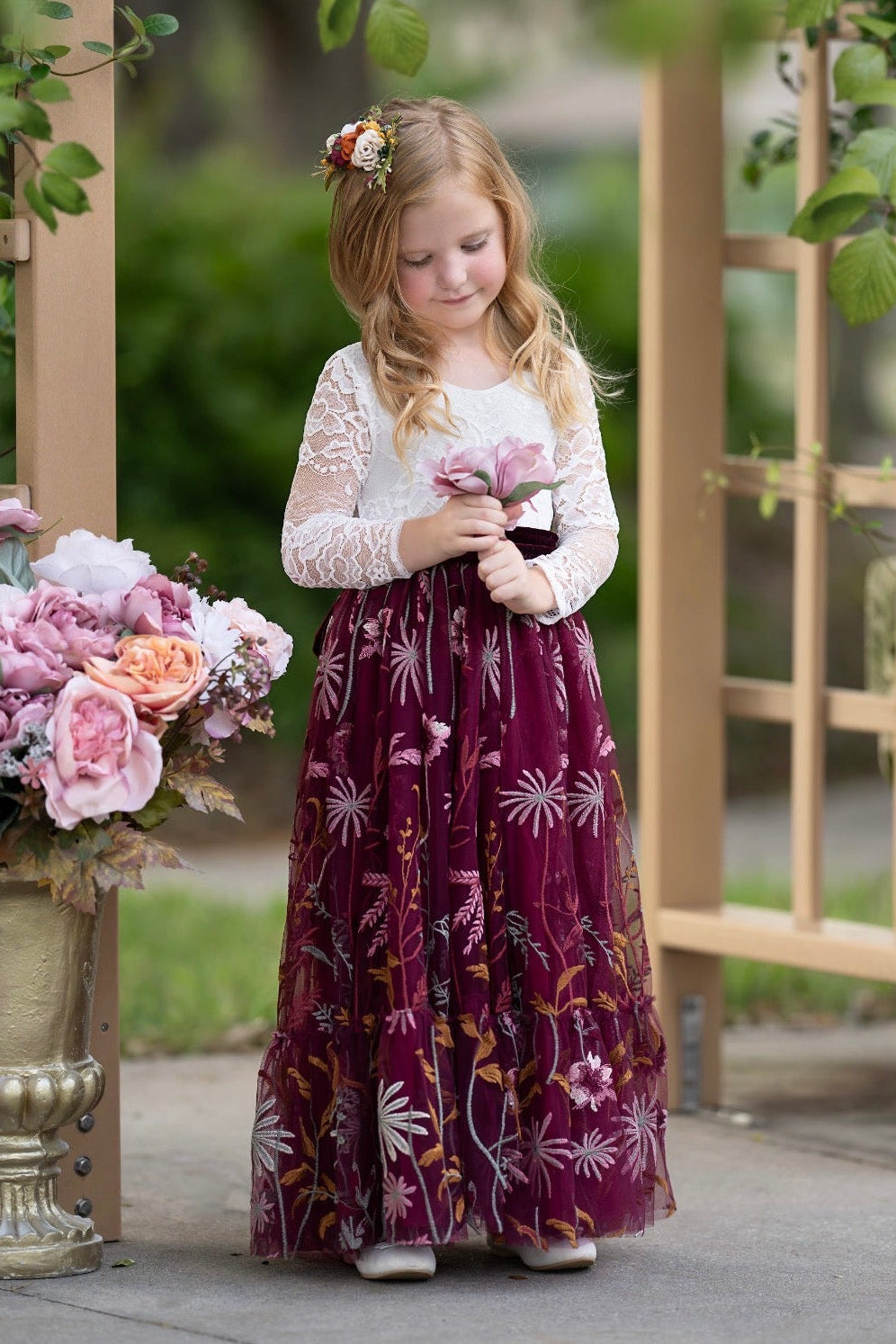 long sleeve lace flower girl gown deep wine color